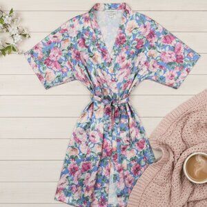 By Mel-Lin Vintage Floral Kimono Robe Blue Pink
